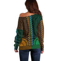 African Dashiki Off Shoulder Sweater With Tapa Pattern - Half Green and Gold - Wonder Print Shop