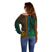 African Dashiki Off Shoulder Sweater With Tapa Pattern - Half Green and Gold - Wonder Print Shop