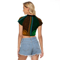African Dashiki Raglan Cropped T Shirt With Tapa Pattern - Half Green and Gold - Wonder Print Shop