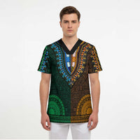 Green-gold Dashiki and Tapa Pattern Scrub Top Africa-Polynesia Together Culture