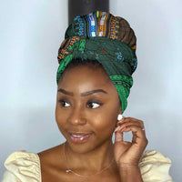 Green-gold Dashiki and Tapa Pattern Simple Headwrap Africa and Polynesia Together Culture