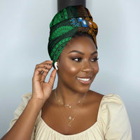 Green-gold Dashiki and Tapa Pattern Simple Headwrap Africa and Polynesia Together Culture