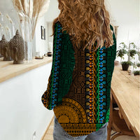 African Dashiki Women Casual Shirt With Tapa Pattern - Half Green and Gold - Wonder Print Shop