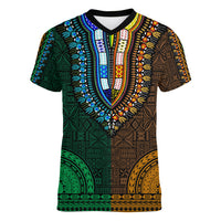 African Dashiki Women V Neck T Shirt With Tapa Pattern - Half Green and Gold - Wonder Print Shop