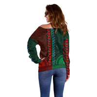 African Dashiki Off Shoulder Sweater With Tapa Pattern - Half Green and Red - Wonder Print Shop