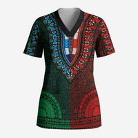 Green-red Dashiki and Tapa Pattern Scrub Top Africa-Polynesia Together Culture