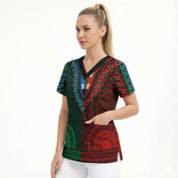 Green-red Dashiki and Tapa Pattern Scrub Top Africa-Polynesia Together Culture