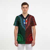 Green-red Dashiki and Tapa Pattern Scrub Top Africa-Polynesia Together Culture