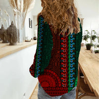 African Dashiki Women Casual Shirt With Tapa Pattern - Half Green and Red - Wonder Print Shop