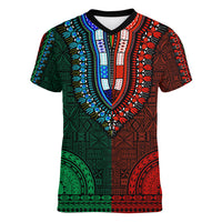 African Dashiki Women V Neck T Shirt With Tapa Pattern - Half Green and Red - Wonder Print Shop