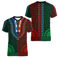 African Dashiki Women V Neck T Shirt With Tapa Pattern - Half Green and Red - Wonder Print Shop