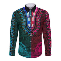 African Dashiki Long Sleeve Button Shirt With Tapa Pattern - Half Teal and Pink - Wonder Print Shop