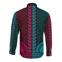 African Dashiki Long Sleeve Button Shirt With Tapa Pattern - Half Teal and Pink - Wonder Print Shop