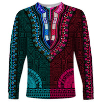 African Dashiki Long Sleeve Shirt With Tapa Pattern - Half Teal and Pink - Wonder Print Shop