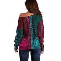 African Dashiki Off Shoulder Sweater With Tapa Pattern - Half Teal and Pink - Wonder Print Shop