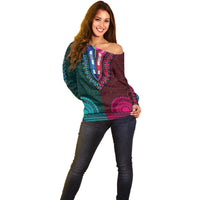 African Dashiki Off Shoulder Sweater With Tapa Pattern - Half Teal and Pink - Wonder Print Shop