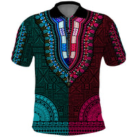 African Dashiki Polo Shirt With Tapa Pattern - Half Teal and Pink - Wonder Print Shop