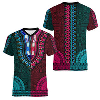 African Dashiki Women V Neck T Shirt With Tapa Pattern - Half Teal and Pink - Wonder Print Shop