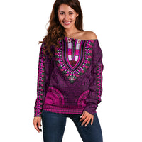 African Dashiki Off Shoulder Sweater With Tapa Pattern - Pink - Wonder Print Shop
