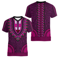 African Dashiki Women V Neck T Shirt With Tapa Pattern - Pink - Wonder Print Shop