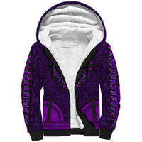 Purple sherpa hoodie with dashiki tapa-style pattern, black trim