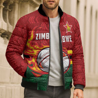 Zimbabwe Cricket Custom Bomber Puffer Jacket The Chevrons Cricket Ball Fire - Wonder Print Shop