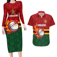 Zimbabwe Cricket Custom Couples Matching Long Sleeve Bodycon Dress and Hawaiian Shirt The Chevrons Cricket Ball Fire - Wonder Print Shop