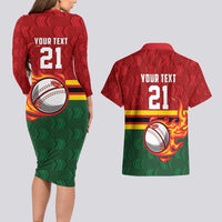 Zimbabwe Cricket Custom Couples Matching Long Sleeve Bodycon Dress and Hawaiian Shirt The Chevrons Cricket Ball Fire - Wonder Print Shop