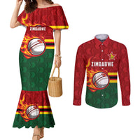 Zimbabwe Cricket Custom Couples Matching Mermaid Dress and Long Sleeve Button Shirt The Chevrons Cricket Ball Fire - Wonder Print Shop