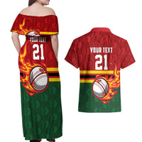 Zimbabwe Cricket Custom Couples Matching Off Shoulder Maxi Dress and Hawaiian Shirt The Chevrons Cricket Ball Fire - Wonder Print Shop