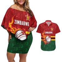 Zimbabwe Cricket Custom Couples Matching Off Shoulder Short Dress and Hawaiian Shirt The Chevrons Cricket Ball Fire - Wonder Print Shop