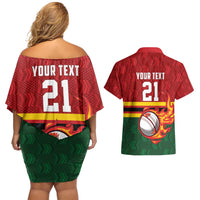 Zimbabwe Cricket Custom Couples Matching Off Shoulder Short Dress and Hawaiian Shirt The Chevrons Cricket Ball Fire - Wonder Print Shop