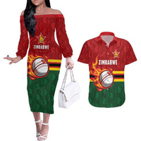 Zimbabwe Cricket Custom Couples Matching Off The Shoulder Long Sleeve Dress and Hawaiian Shirt The Chevrons Cricket Ball Fire - Wonder Print Shop