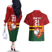 Zimbabwe Cricket Custom Couples Matching Off The Shoulder Long Sleeve Dress and Hawaiian Shirt The Chevrons Cricket Ball Fire - Wonder Print Shop
