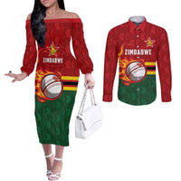 Zimbabwe Cricket Custom Couples Matching Off The Shoulder Long Sleeve Dress and Long Sleeve Button Shirt The Chevrons Cricket Ball Fire - Wonder Print Shop