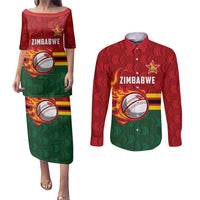 Zimbabwe Cricket Custom Couples Matching Puletasi and Long Sleeve Button Shirt The Chevrons Cricket Ball Fire - Wonder Print Shop