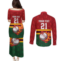 Zimbabwe Cricket Custom Couples Matching Puletasi and Long Sleeve Button Shirt The Chevrons Cricket Ball Fire - Wonder Print Shop