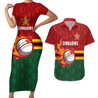 Zimbabwe Cricket Custom Couples Matching Short Sleeve Bodycon Dress and Hawaiian Shirt The Chevrons Cricket Ball Fire - Wonder Print Shop