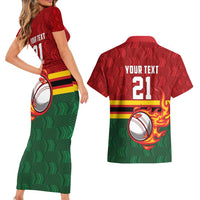 Zimbabwe Cricket Custom Couples Matching Short Sleeve Bodycon Dress and Hawaiian Shirt The Chevrons Cricket Ball Fire - Wonder Print Shop