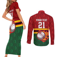 Zimbabwe Cricket Custom Couples Matching Short Sleeve Bodycon Dress and Long Sleeve Button Shirt The Chevrons Cricket Ball Fire - Wonder Print Shop