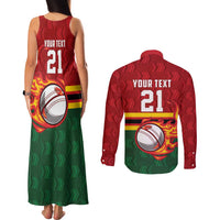 Zimbabwe Cricket Custom Couples Matching Tank Maxi Dress and Long Sleeve Button Shirt The Chevrons Cricket Ball Fire - Wonder Print Shop