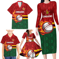 Zimbabwe Cricket Custom Family Matching Long Sleeve Bodycon Dress and Hawaiian Shirt The Chevrons Cricket Ball Fire - Wonder Print Shop