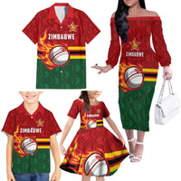 Zimbabwe Cricket Custom Family Matching Off The Shoulder Long Sleeve Dress and Hawaiian Shirt The Chevrons Cricket Ball Fire - Wonder Print Shop