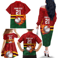 Zimbabwe Cricket Custom Family Matching Off The Shoulder Long Sleeve Dress and Hawaiian Shirt The Chevrons Cricket Ball Fire - Wonder Print Shop