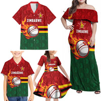 Zimbabwe Cricket Custom Family Matching Off Shoulder Maxi Dress and Hawaiian Shirt The Chevrons Cricket Ball Fire - Wonder Print Shop