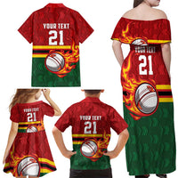 Zimbabwe Cricket Custom Family Matching Off Shoulder Maxi Dress and Hawaiian Shirt The Chevrons Cricket Ball Fire - Wonder Print Shop