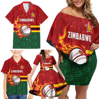 Zimbabwe Cricket Custom Family Matching Off Shoulder Short Dress and Hawaiian Shirt The Chevrons Cricket Ball Fire - Wonder Print Shop