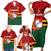 Zimbabwe Cricket Custom Family Matching Short Sleeve Bodycon Dress and Hawaiian Shirt The Chevrons Cricket Ball Fire - Wonder Print Shop