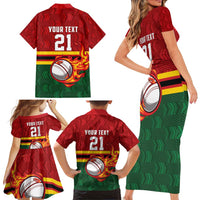 Zimbabwe Cricket Custom Family Matching Short Sleeve Bodycon Dress and Hawaiian Shirt The Chevrons Cricket Ball Fire - Wonder Print Shop