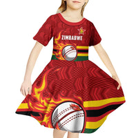 Zimbabwe Cricket Custom Kid Short Sleeve Dress The Chevrons Cricket Ball Fire - Wonder Print Shop